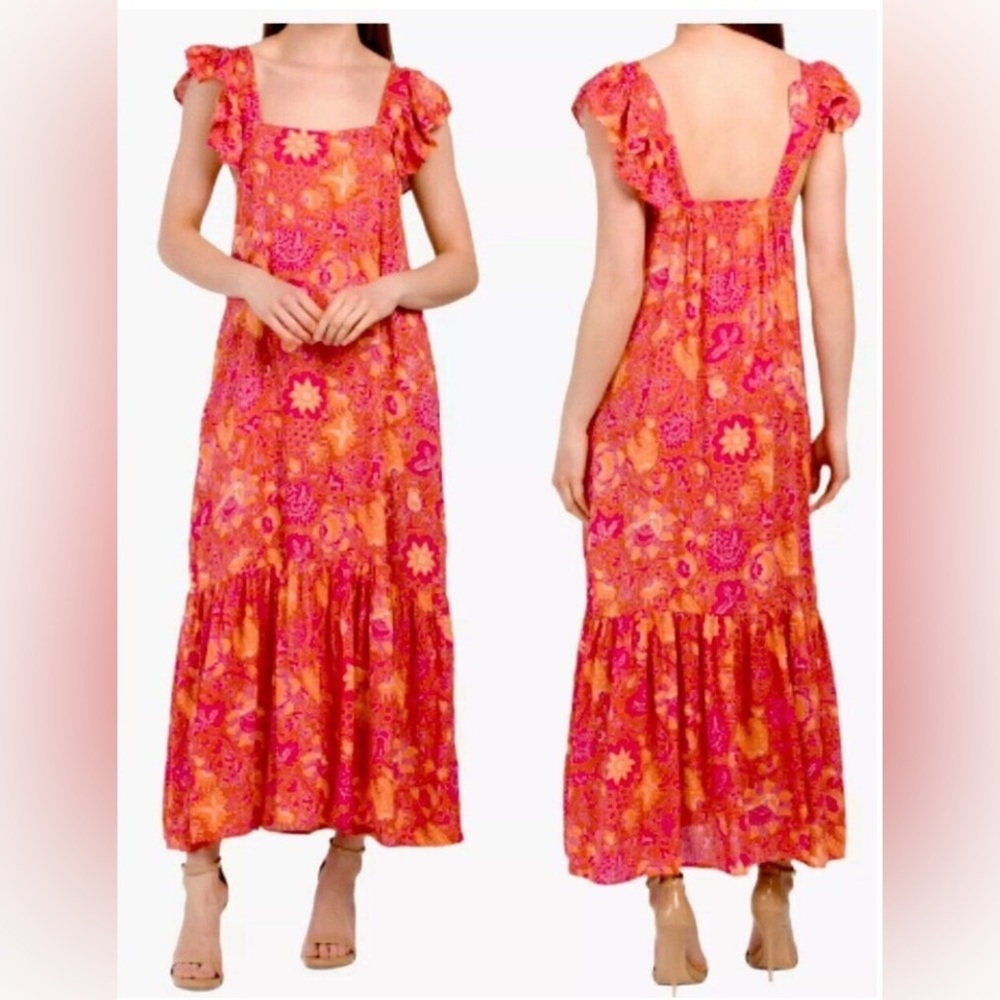 House of Harlow flutter sleeve maxi dress Sz S floral orange pink